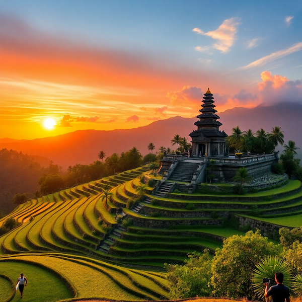 Bali rice terraces with Hindu temple and tropical sunset with surfers