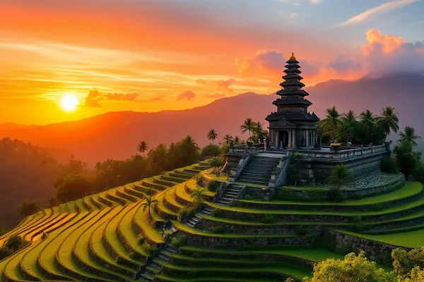 Bali rice terraces with Hindu temple and tropical sunset with surfers
