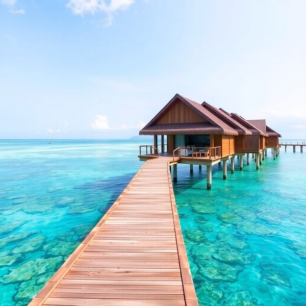 Maldives overwater bungalows with crystal clear turquoise lagoon and coral reefs