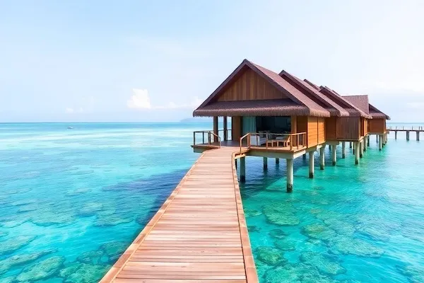 Maldives overwater bungalows with crystal clear turquoise lagoon and coral reefs