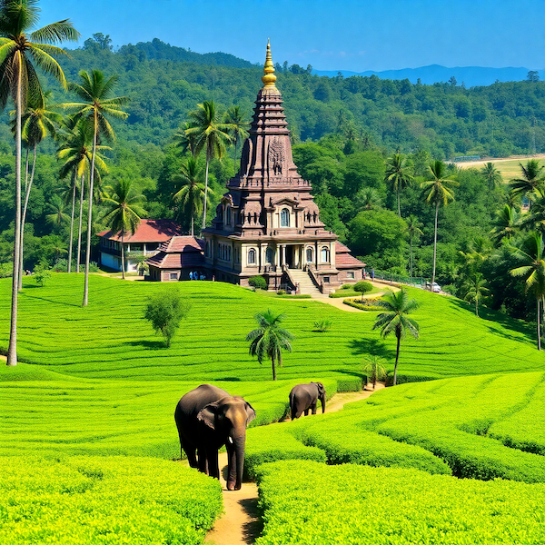 Sri Lanka tea plantations with ancient Buddhist temple and golden beaches with elephants
