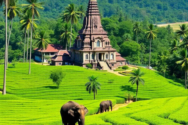 Sri Lanka tea plantations with ancient Buddhist temple and golden beaches with elephants