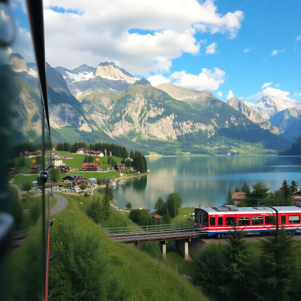 Switzerland Swiss Alps with scenic train, pristine lakes and mountain villages