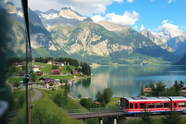 Switzerland Swiss Alps with scenic train, pristine lakes and mountain villages