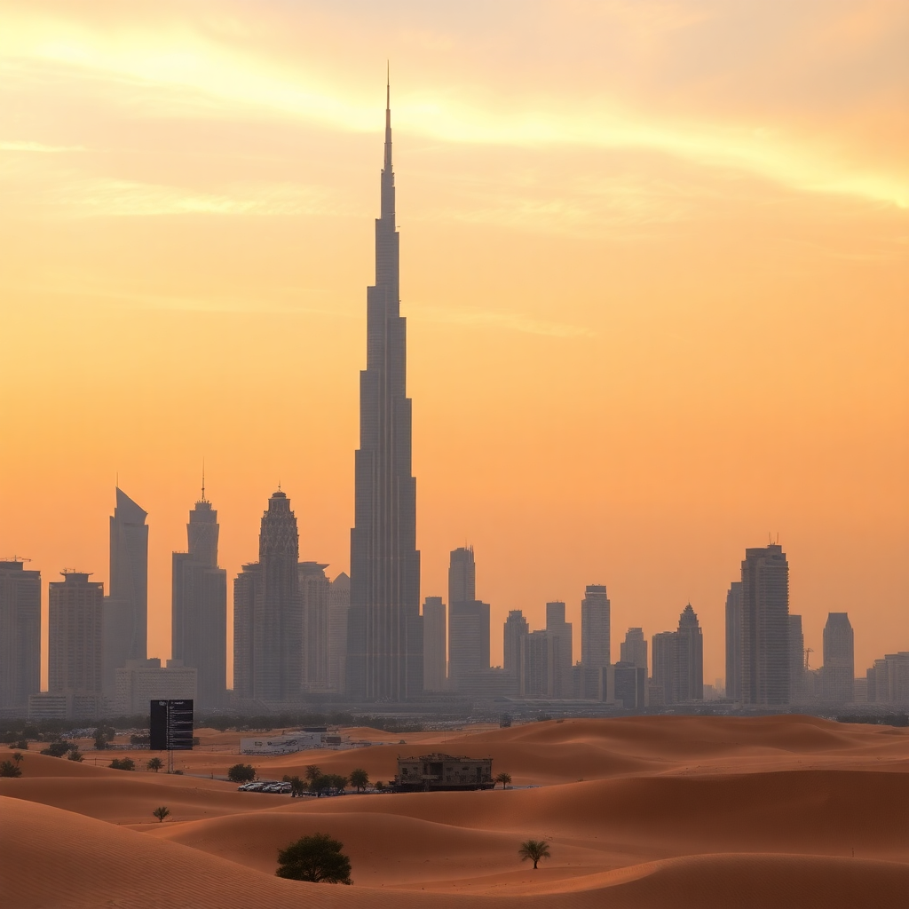 Dubai skyline with Burj Khalifa, luxury hotels and golden desert sunset