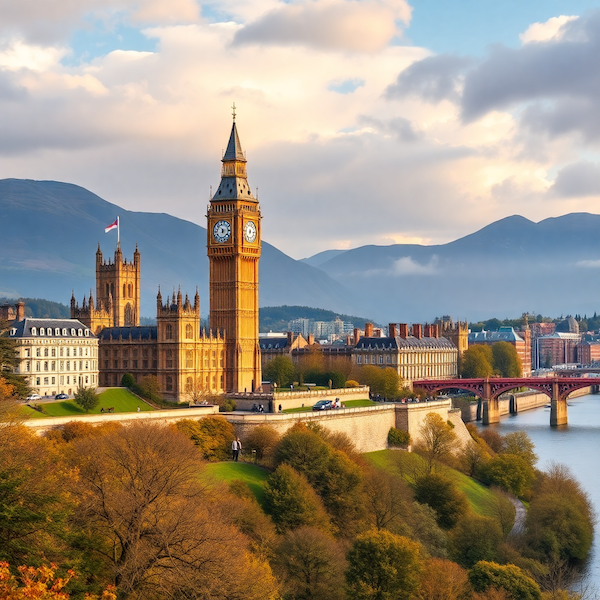UK London Big Ben with countryside castles and Scottish highlands