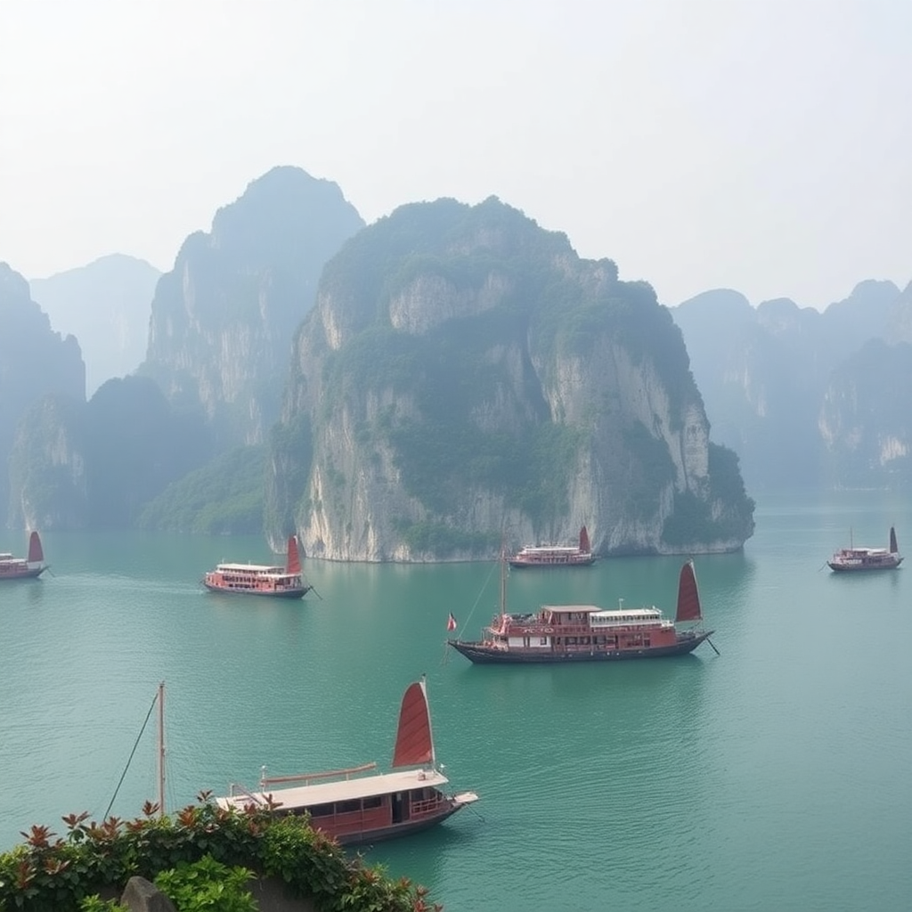 Vietnam Ha Long Bay limestone karsts with traditional junk boats and emerald waters