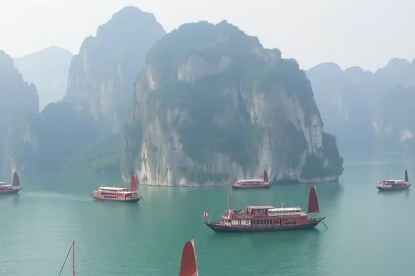 Vietnam Ha Long Bay limestone karsts with traditional junk boats and emerald waters