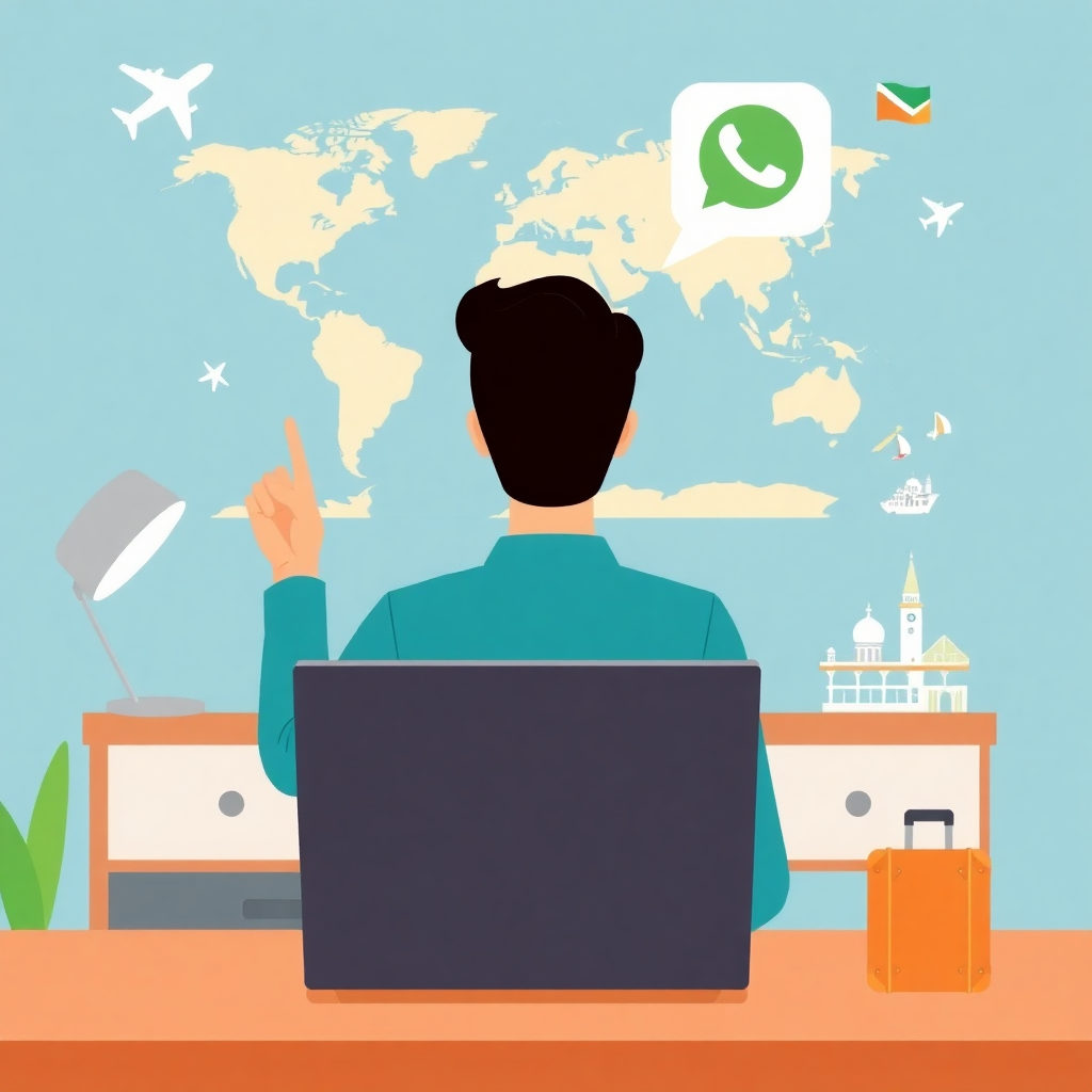 Modern flat illustration of a person sitting at desk with laptop, pointing at world map on wall, travel icons floating around (planes, landmarks, suitcase), WhatsApp chat bubble visible, bright colors, professional design