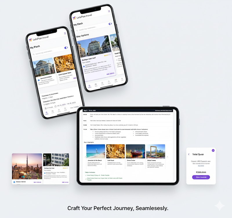 Clean modern dashboard interface on tablet screen showing travel itinerary with hotel cards, day-wise schedule, cost breakdown charts, purple and blue color scheme, professional UI design