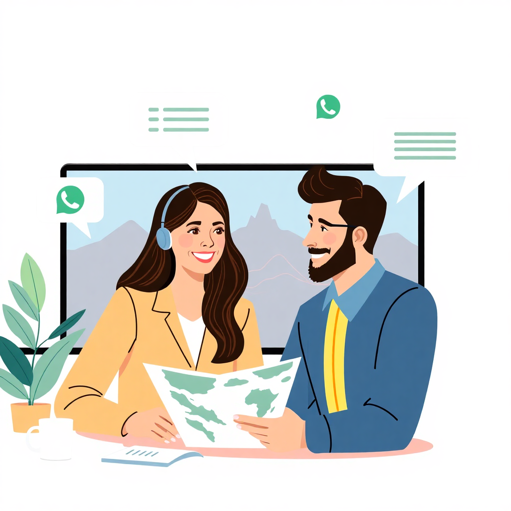 Illustration of travel advisor on video call with customer, both looking at travel plans, WhatsApp chat bubbles, collaborative editing icons, friendly professional atmosphere, modern flat design