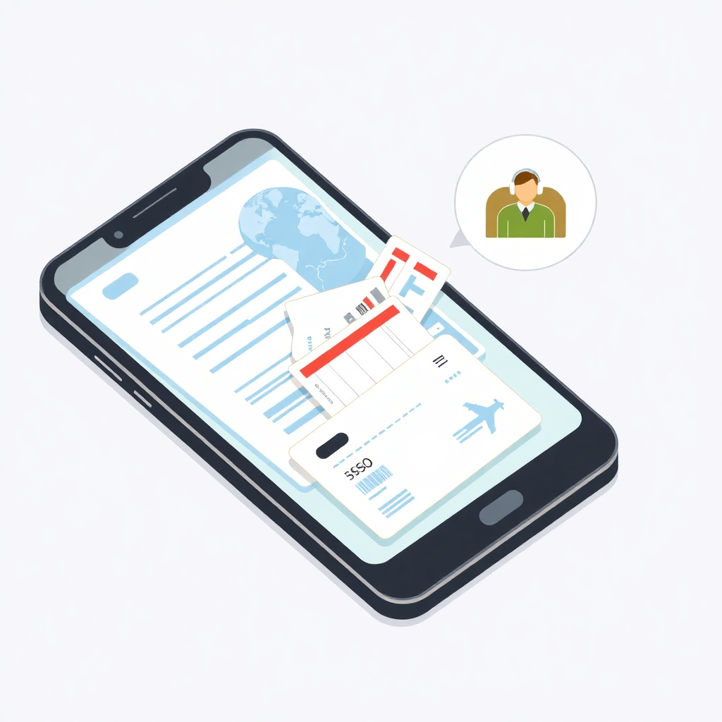 Digital travel documents and vouchers organized on smartphone screen, customer support headset icon, 24/7 support badge, travel tickets and confirmations, clean organized layout